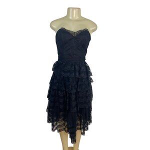 Vintage TD4 Strapless Black Lace Tiered Party Dress With Bow Back Detail Sz 7/8